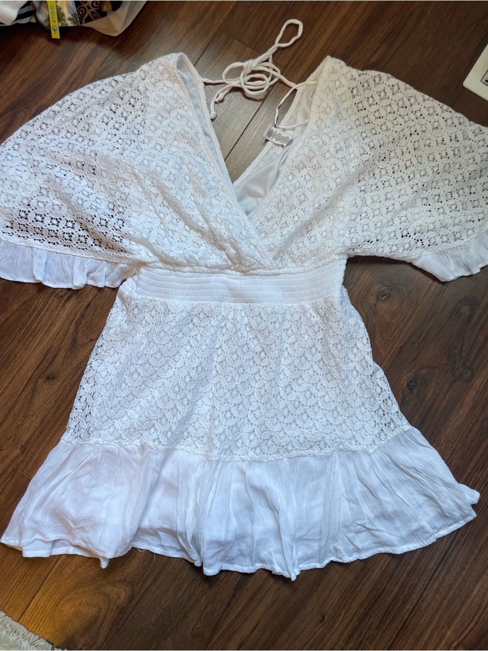 Japna White Lace V-Neck Dress with Smocked Waist